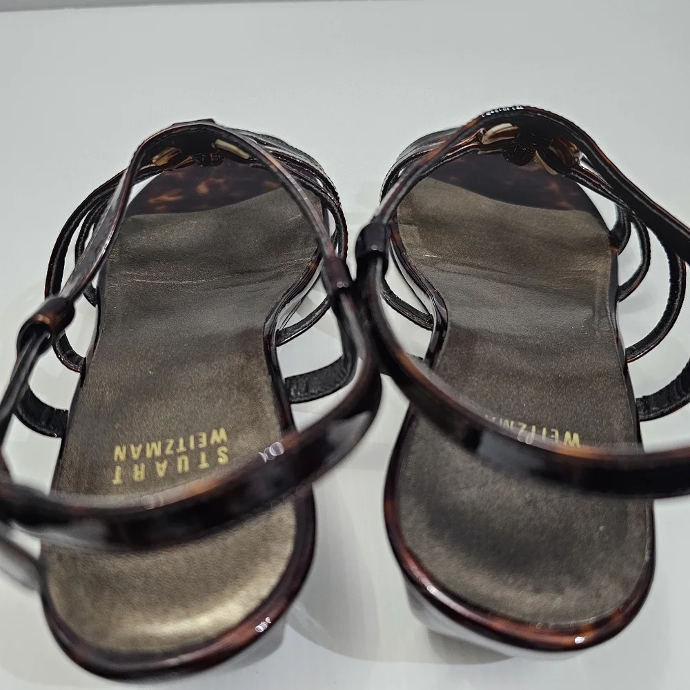 Stuart Weitzman Sandal Women 7 WIDE Tortoise Shell Brown Leather Strappy Wedge